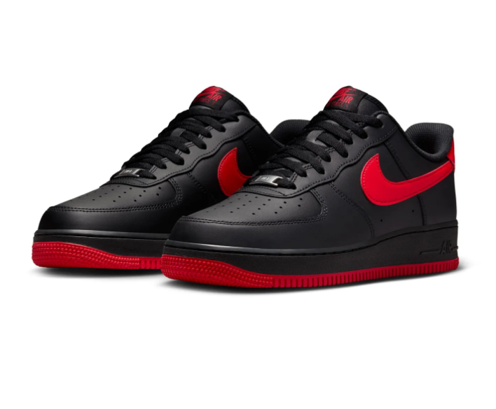 Nike Air Force 1 Low '07 'Black & University Red' Bred All-Black Leather, Red Swoosh, Red Collar Lining, AF1 Metal Dubraes & Full Red Outsole Bold Streetwear Sneakers