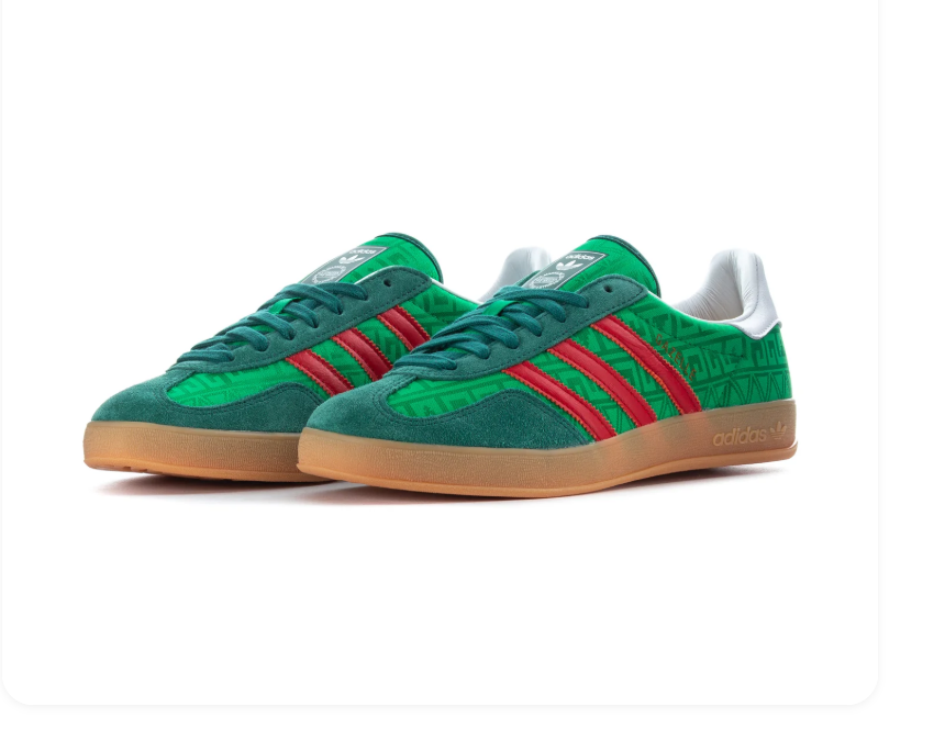 Adidas Gazelle Indoor × Gucci 'Collegiate Green & Scarlet Red' GG Monogram Embossed Bi-Tone Green Leather Upper, Red 3-Stripes, White Collar, Black Square Tongue Label, Gold adidas Insole & Translucent Gum Outsole Luxury Collab Heritage Sneakers