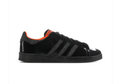 Adidas Superstar 'Triple Black & Orange' All-Black Patent Leather, Tonal Black 3-Stripes, Orange Collar Lining & Trefoil Heel Tab, Full Black Midsole Outsole Bold Streetwear Sneakers