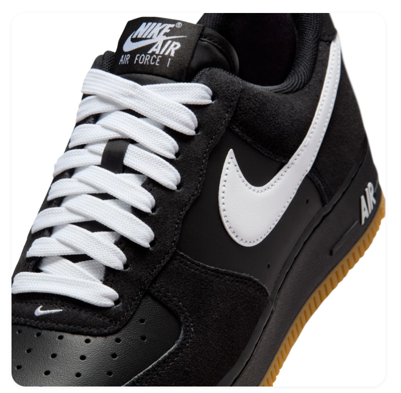 Nike Air Force 1 Low '07 'Black, White & Gum' All-Black Leather, White Swoosh & Gum Rubber Outsole Sneakers