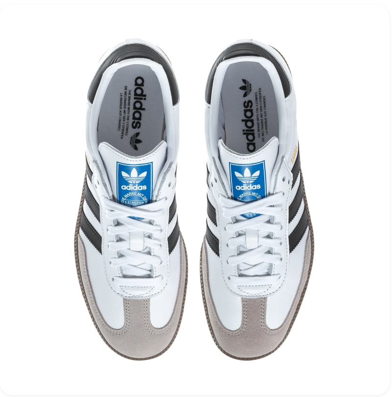 Adidas Samba OG 'Cloud White & Core Black' White Smooth Leather, Black 3-Stripes, Clear Granite Suede Toe Cap, Black Heel Tab, Blue OG Tongue Label & Gum Outsole Iconic Retro Football Lifestyle Sneakers