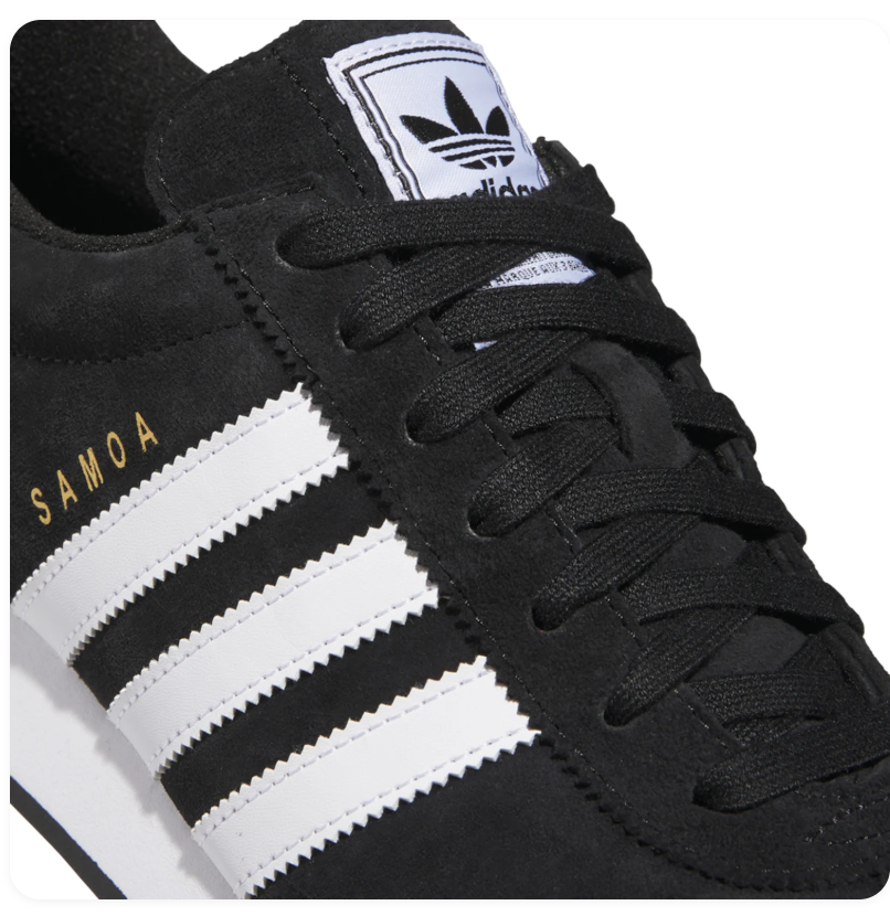 Adidas Samoa 'Core Black & Cloud White' All-Black Suede, White Leather 3-Stripes, Black Heel Tab with Trefoil, Square adidas Tongue Label, Black Laces & White Cupsole Classic American Retro Lifestyle Sneakers