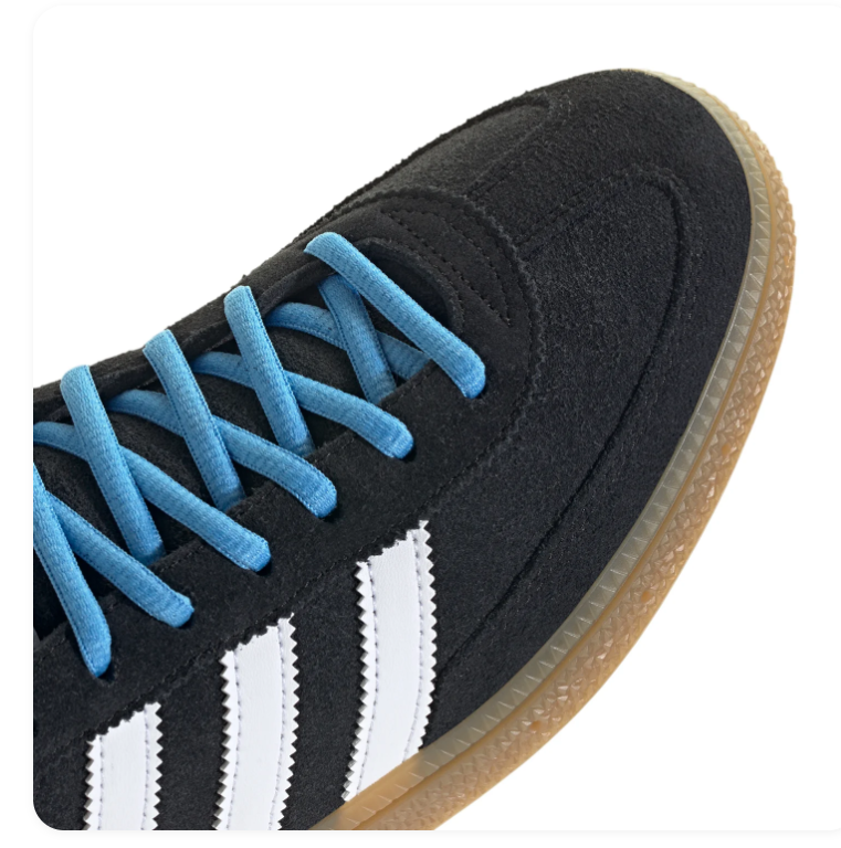 Adidas Handball Spezial 'Core Black & Bright Blue' Black Suede Upper, White 3-Stripes, White Leather Collar, Bright Blue Round Laces, Blue SPEZIAL Lettering & Gum Rubber Outsole Bold Heritage Handball Lifestyle Sneakers