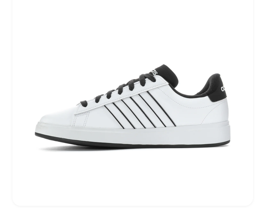 Adidas Grand Court 2.0 'Cloud White & Core Black' White Leather Upper, Black 3-Stripes, Black Round Laces, Black Collar, White adidas Heel Lettering, Clean White Midsole & Black Rubber Outsole Classic Tennis-Inspired Everyday Lifestyle Sneakers