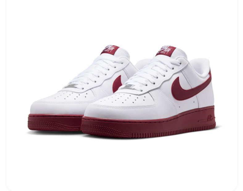 Nike Air Force 1 Low '07 'White & Team Red' White Leather, Team Red Swoosh & Bold Red Outsole Collegiate AF1 Sneakers