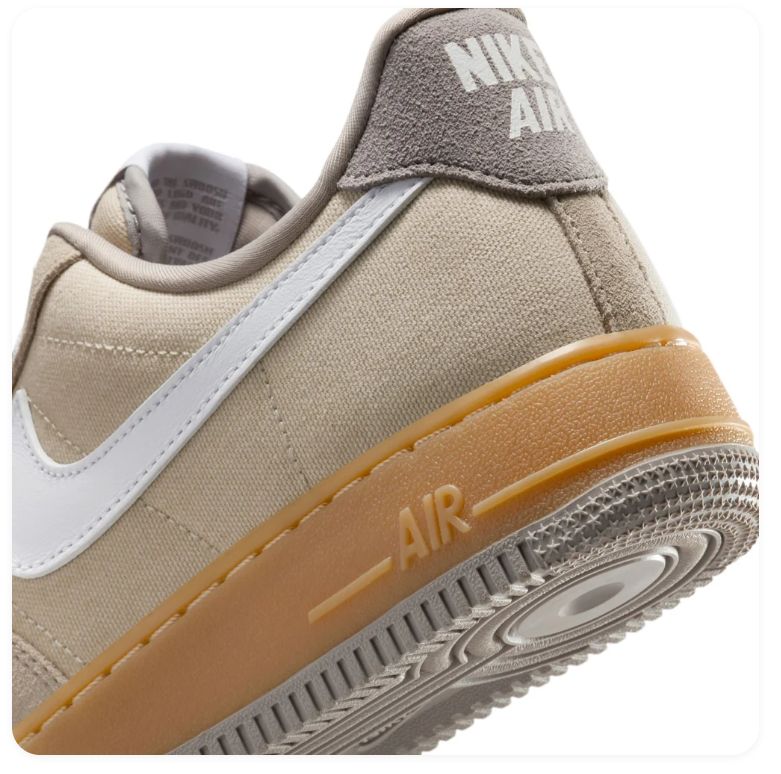 Nike Air Force 1 Low '07 'Sanddrift & Pale Ivory' Mixed Suede Canvas, White Swoosh & Team Gold Gum Midsole Earthy Toned Classic AF1 Sneakers