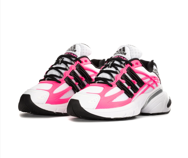 Adidas Adistar Cushion 'Cloud White & Lucid Pink' White Mesh Upper, Pink TPU Exoskeleton Frame, Black 3-Stripes, Silver Heel Accent, Black Round Laces & Chunky White EVA Midsole Bold Y2K Retro Running Lifestyle Sneakers