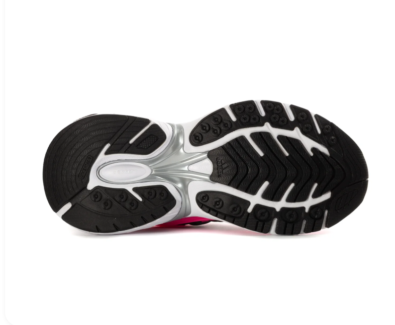 Adidas Adistar Cushion 'Cloud White & Lucid Pink' White Mesh Upper, Pink TPU Exoskeleton Frame, Black 3-Stripes, Silver Heel Accent, Black Round Laces & Chunky White EVA Midsole Bold Y2K Retro Running Lifestyle Sneakers