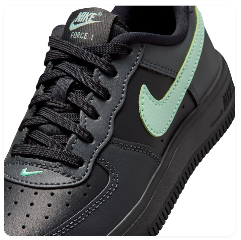 Nike Air Force 1 Low (GS) 'Black & Jade Smoke' All-Black Leather, Jade Smoke Swoosh & Tonal Triple Black AF1 Kids Youth Sneakers