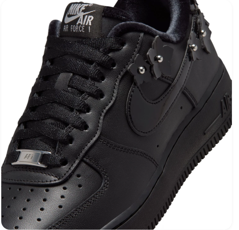 Nike Air Force 1 Low '07 'Black Floral' Triple Black Leather, 3D Metal Floral Studs & Hardware Buckle Dark Romance AF1 Sneakers