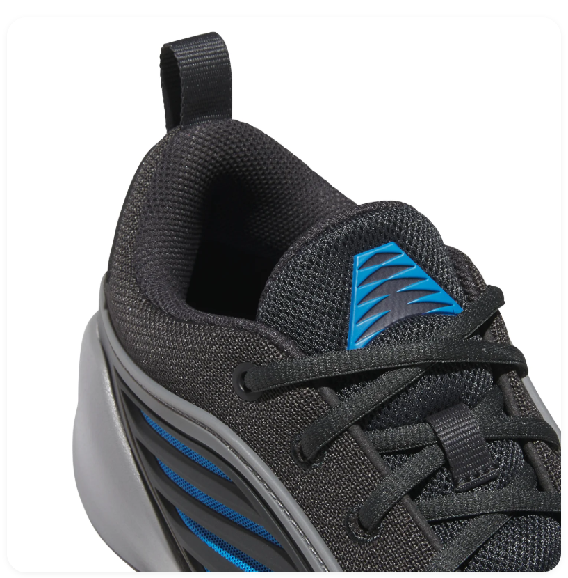Adidas Own The Game 3 'Carbon & Bright Blue' Black Mesh Upper, Bright Blue 3-Stripes, Blue Trefoil Heel Branding, Grey Pull Tab, Chunky Grey OwnTheGame Midsole & Grey Rubber Outsole High-Performance Basketball Sneakers