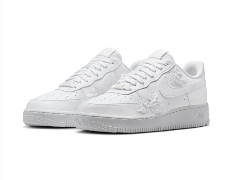 Nike Air Force 1 Low '07 SE 'Triple White Floral' Tonal Embossed Floral Pattern Leather, White Swoosh & All-White Premium Women's AF1 Sneakers