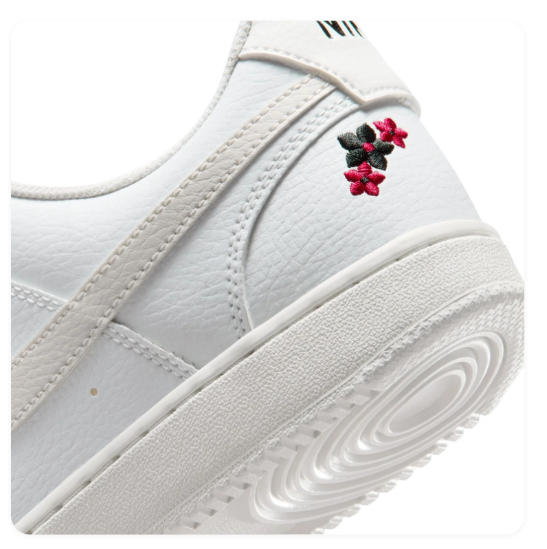 Nike Court Vision Low 'White & Floral' All-White Leather, Red & Black Flower Embroidery, White Swoosh & Clean Outsole Romantic Women's Court Sneakers