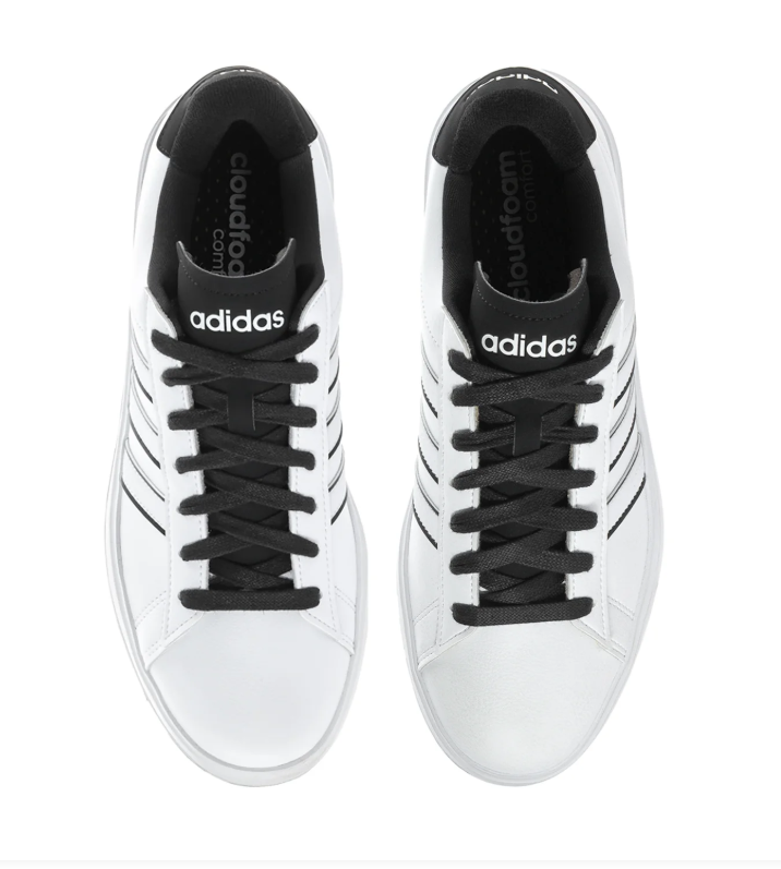 Adidas Grand Court 2.0 'Cloud White & Core Black' White Leather Upper, Black 3-Stripes, Black Round Laces, Black Collar, White adidas Heel Lettering, Clean White Midsole & Black Rubber Outsole Classic Tennis-Inspired Everyday Lifestyle Sneakers