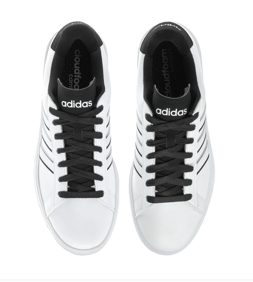 Adidas Grand Court 2.0 'Cloud White & Core Black' White Leather Upper, Black 3-Stripes, Black Round Laces, Black Collar, White adidas Heel Lettering, Clean White Midsole & Black Rubber Outsole Classic Tennis-Inspired Everyday Lifestyle Sneakers