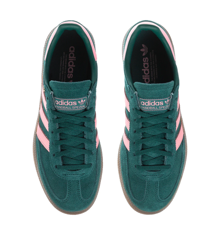 Adidas Handball Spezial 'Collegiate Green & Light Pink' Green Suede Upper, Pink 3-Stripes & Heel Collar, Green Flat Laces, Gold SPEZIAL Lettering & Gum Rubber Outsole Bold Contrast Heritage Handball Lifestyle Sneakers