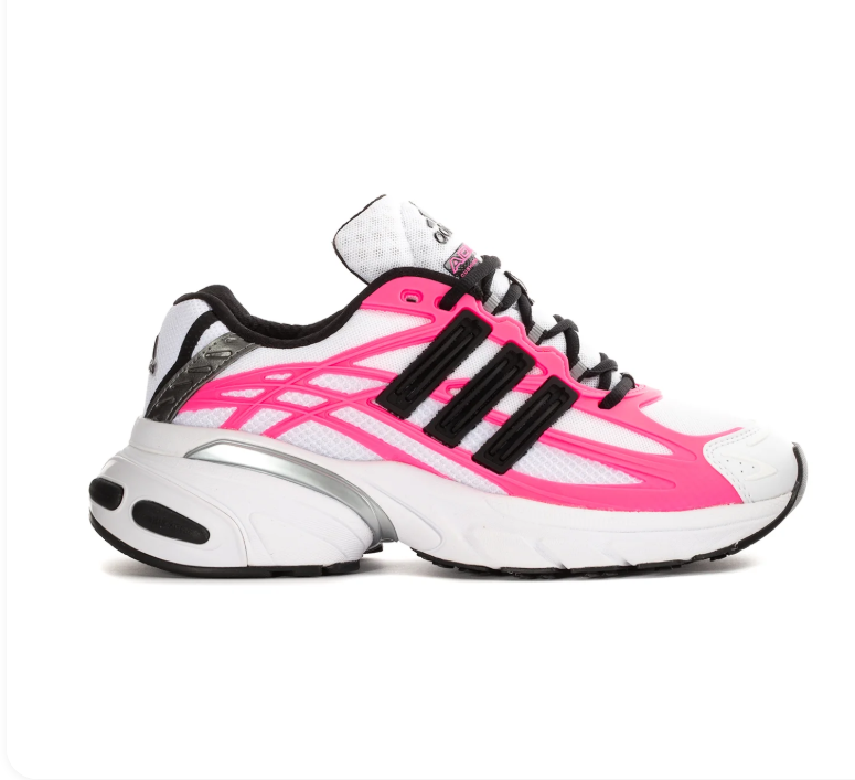 Adidas Adistar Cushion 'Cloud White & Lucid Pink' White Mesh Upper, Pink TPU Exoskeleton Frame, Black 3-Stripes, Silver Heel Accent, Black Round Laces & Chunky White EVA Midsole Bold Y2K Retro Running Lifestyle Sneakers