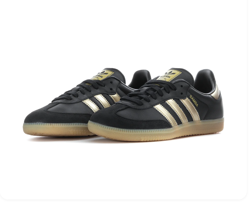 Adidas Samba OG 'Core Black & Gold Metallic' All-Black Leather, Black Suede Toe Cap, Gold Metallic 3-Stripes, Gold Heel Tab, Gold SAMBA Lettering, Blue OG Tongue Label & Gum Outsole Luxe Retro Football Lifestyle Sneakers