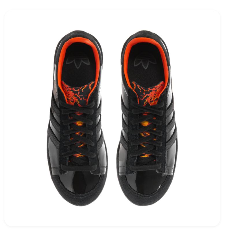 Adidas Superstar 'Triple Black & Orange' All-Black Patent Leather, Tonal Black 3-Stripes, Orange Collar Lining & Trefoil Heel Tab, Full Black Midsole Outsole Bold Streetwear Sneakers