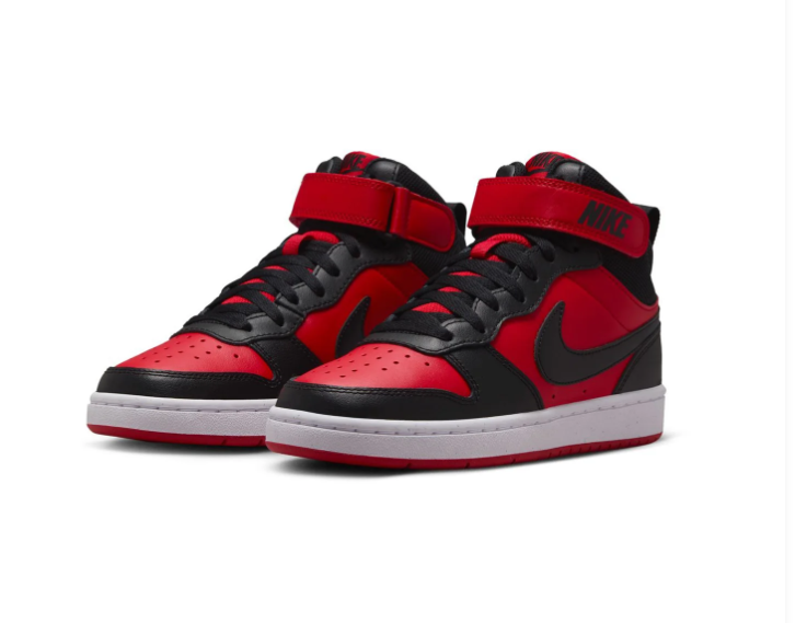 Nike Court Borough Mid 2 (GS) 'Bred' Black & University Red Leather, Black Swoosh & Velcro Ankle Strap Kids Youth Mid-Top Court Sneakers