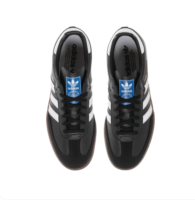 Adidas Samba OG 'Core Black & Cloud White' Black Smooth Leather, Black Suede Toe Cap, White 3-Stripes, Gold SAMBA Embroidery, Blue OG Tongue Label & Gum Outsole Iconic Retro Football Lifestyle Sneakers