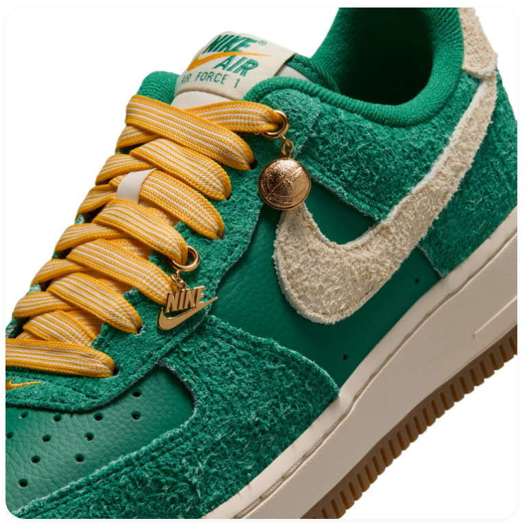 Nike Air Force 1 Low '07 LV8 'Malachite & Sail' Cracked Green Suede, Sail Swoosh, University Gold Laces & Gum Outsole Vintage AF1 Sneakers