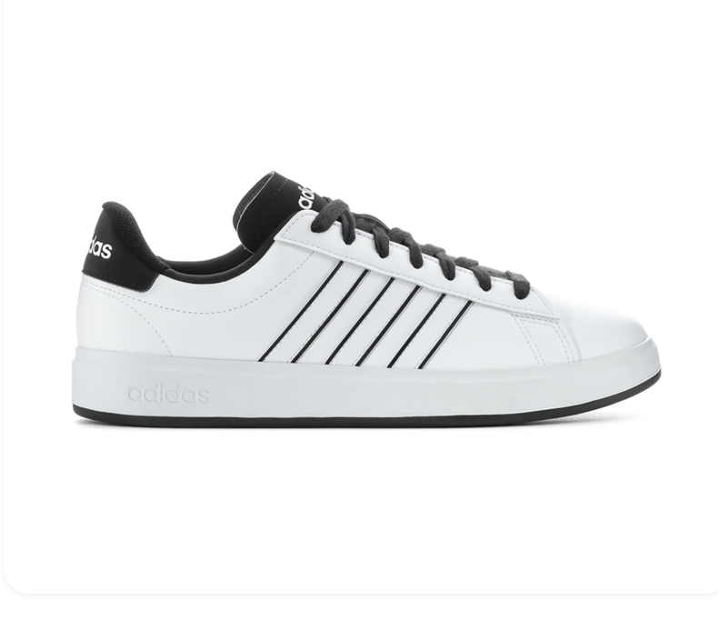 Adidas Grand Court 2.0 'Cloud White & Core Black' White Leather Upper, Black 3-Stripes, Black Round Laces, Black Collar, White adidas Heel Lettering, Clean White Midsole & Black Rubber Outsole Classic Tennis-Inspired Everyday Lifestyle Sneakers