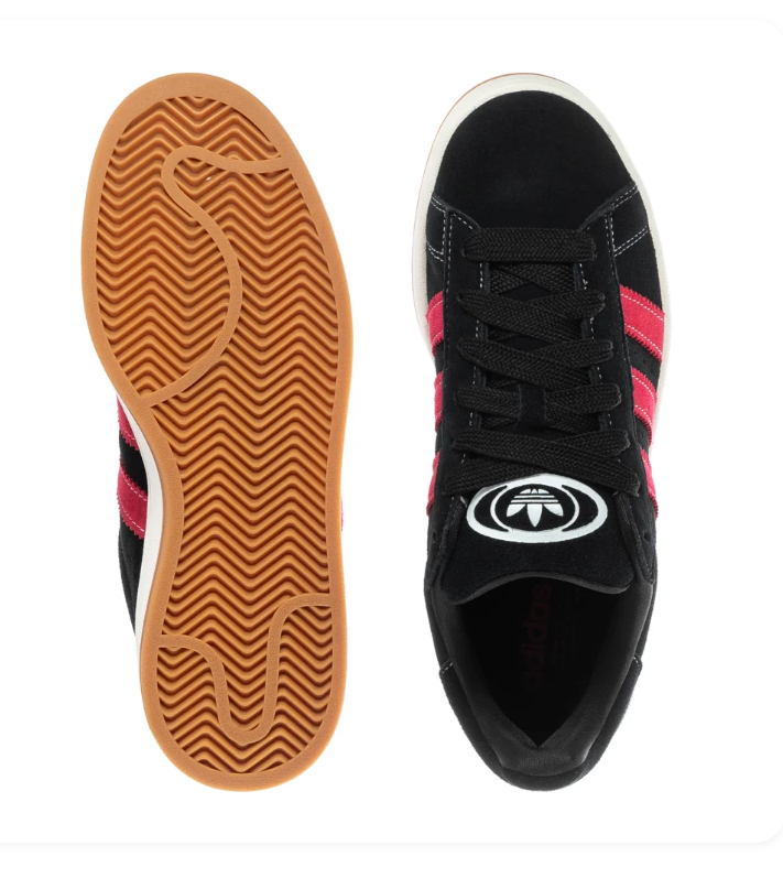 Adidas Campus 00s 'Core Black & Better Scarlet' Black Suede, Scarlet Red 3-Stripes, White Contrast Stitching, Oval Trefoil Badge, CAMPUS Lettering, White Trefoil Heel Tab, Cream Midsole & Gum Outsole Bold Y2K Street Style Sneakers