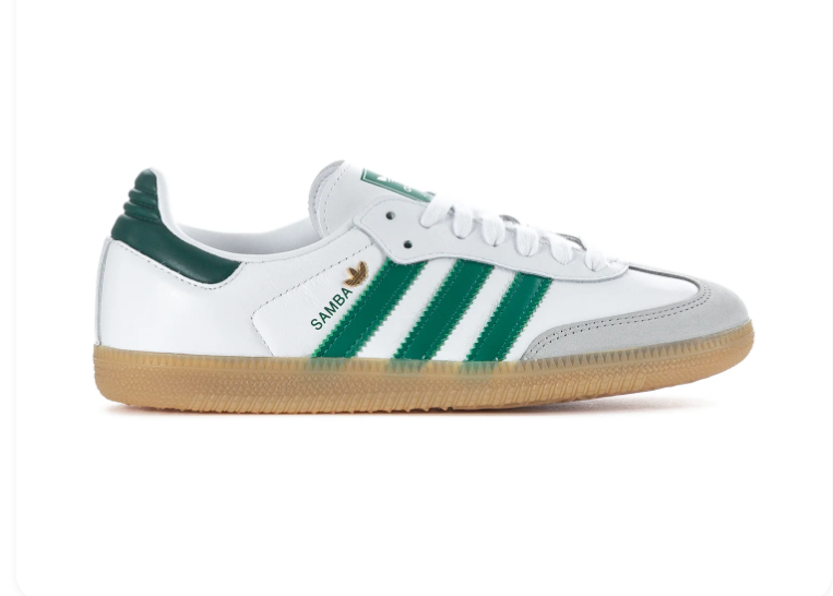 Adidas Samba OG 'Cloud White & Collegiate Green' White Leather Upper, Green 3-Stripes, Grey Suede T-Toe Overlay, Green Heel Patch, Gold SAMBA Lettering & Gum Rubber Outsole Iconic Indoor Football Heritage Lifestyle Sneakers