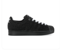 Adidas Superstar 'Core Black' All-Black Suede, Tonal Black 3-Stripes, Tonal Black Shell Toe, White Flat Laces, Square Trefoil Tongue Label & Black Outsole Stealthy Tonal Retro Basketball Lifestyle Sneakers