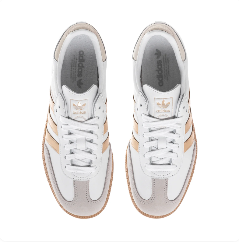 Adidas Samba OG 'Cloud White & Gold Metallic' White Leather, Clear Granite Suede Toe Cap, Gold Metallic 3-Stripes, White Heel Tab, Blue OG Tongue Label & Gum Outsole Elegant Luxe Retro Football Lifestyle Sneakers