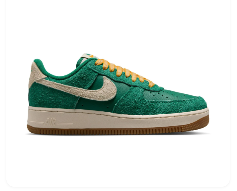 Nike Air Force 1 Low '07 LV8 'Malachite & Sail' Cracked Green Suede, Sail Swoosh, University Gold Laces & Gum Outsole Vintage AF1 Sneakers