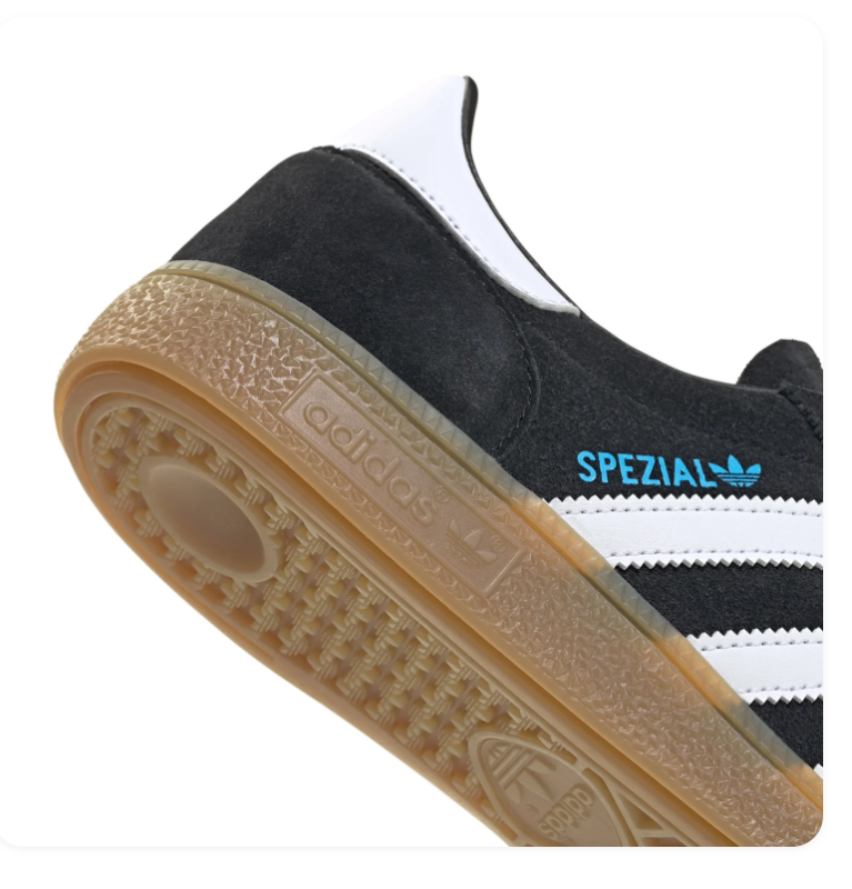 Adidas Handball Spezial 'Core Black & Bright Blue' Black Suede Upper, White 3-Stripes, White Leather Collar, Bright Blue Round Laces, Blue SPEZIAL Lettering & Gum Rubber Outsole Bold Heritage Handball Lifestyle Sneakers
