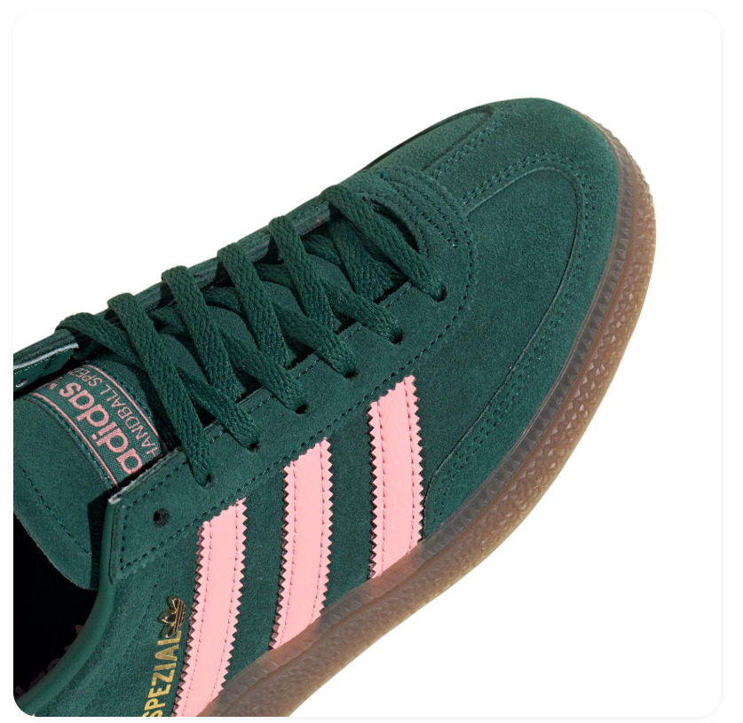 Adidas Handball Spezial 'Collegiate Green & Light Pink' Green Suede Upper, Pink 3-Stripes & Heel Collar, Green Flat Laces, Gold SPEZIAL Lettering & Gum Rubber Outsole Bold Contrast Heritage Handball Lifestyle Sneakers