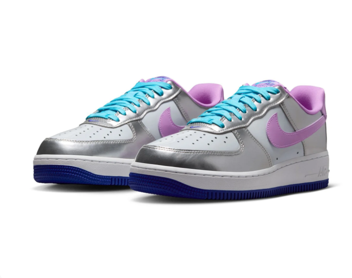 Nike Air Force 1 Low '07 SE 'Metallic Silver & Violet Frost' Mirror Metallic Leather, Lilac Swoosh, Aqua Laces & Hyper Blue Outsole Women's AF1 Sneakers