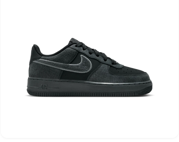 Nike Air Force 1 Low GS 'Triple Black / Anthracite' All-Black Suede, Anthracite Swoosh, Metal AF1 Dubrae & Full Black Midsole Outsole Kids' Stealth Sneakers