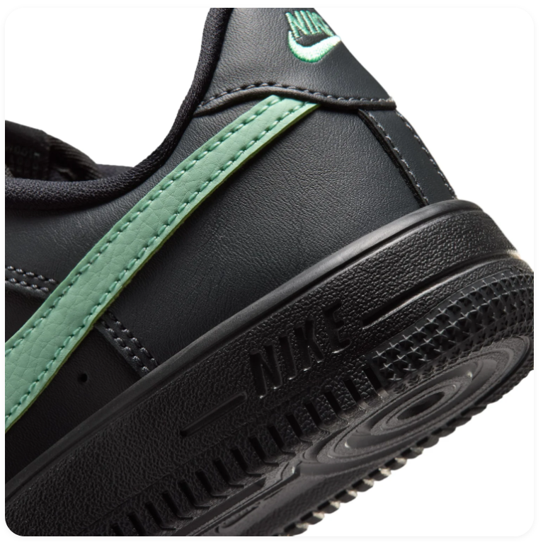 Nike Air Force 1 Low (GS) 'Black & Jade Smoke' All-Black Leather, Jade Smoke Swoosh & Tonal Triple Black AF1 Kids Youth Sneakers