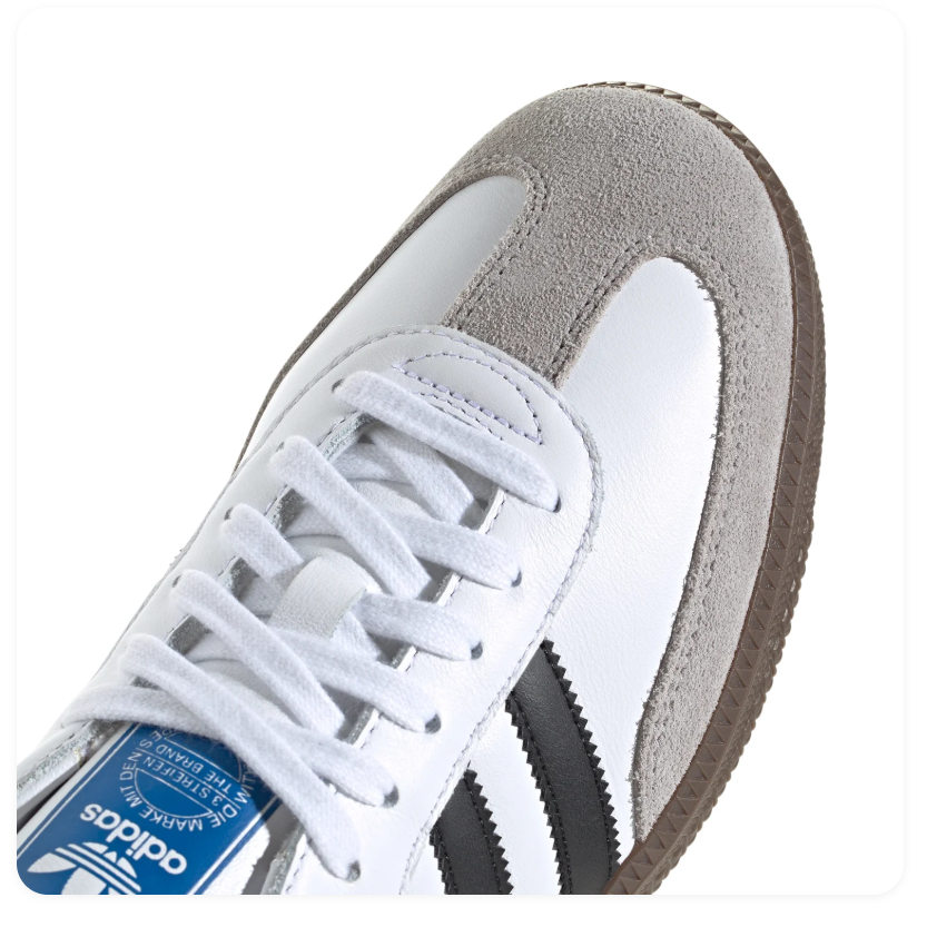 Adidas Samba OG 'Cloud White & Core Black' White Smooth Leather, Black 3-Stripes, Clear Granite Suede Toe Cap, Black Heel Tab, Blue OG Tongue Label & Gum Outsole Iconic Retro Football Lifestyle Sneakers