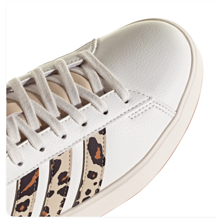 Adidas Grand Court SE 'Leopard' White Leather Upper, Leopard Print Side Panel, White 3-Stripes, Leopard Heel Tab with Gold Adidas Logo, Black Collar Lining, White Laces & Gum Outsole Animal Print Tennis Lifestyle Sneakers