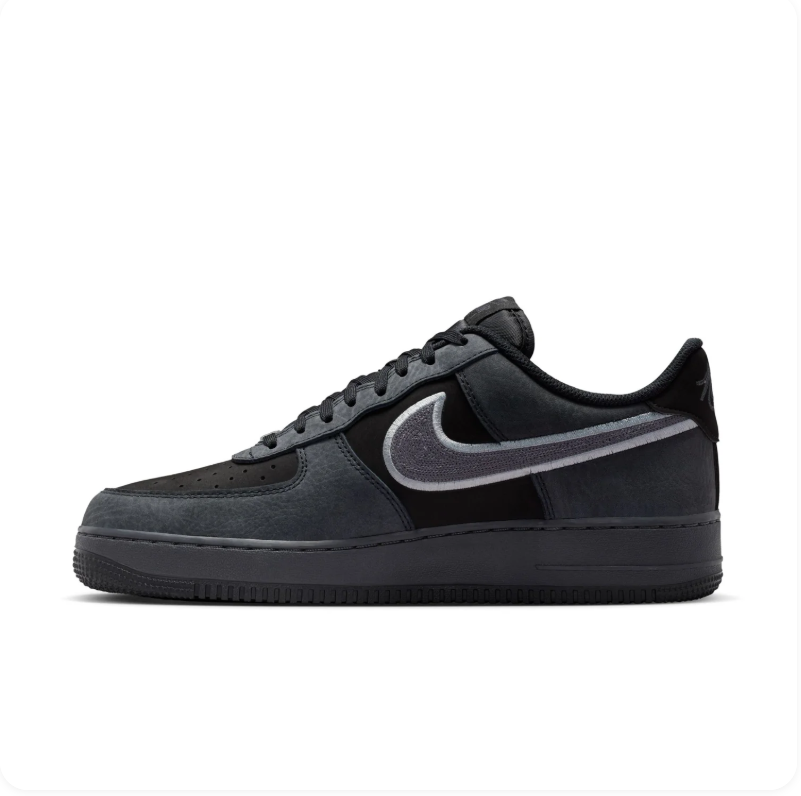 Nike Air Force 1 Low '07 'Black & Anthracite' Multi-Material Suede & Leather Cool Grey Swoosh Stealth AF1 Sneakers