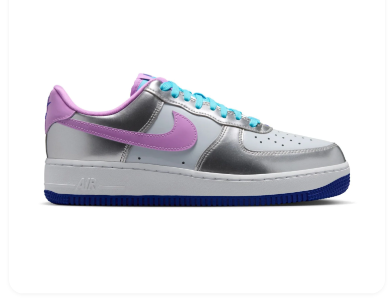 Nike Air Force 1 Low '07 SE 'Metallic Silver & Violet Frost' Mirror Metallic Leather, Lilac Swoosh, Aqua Laces & Hyper Blue Outsole Women's AF1 Sneakers