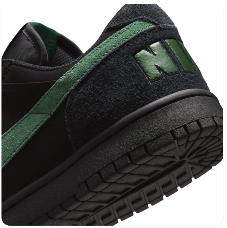 Nike Dunk Low 'Black & Green Noise' All-Black Suede & Gorge Green Swoosh Dark Street Retro Sneakers