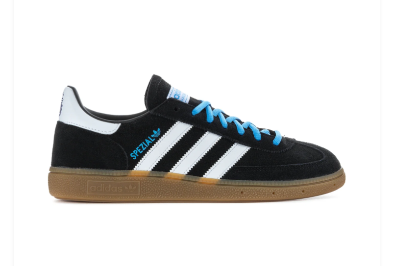 Adidas Handball Spezial 'Core Black & Bright Blue' Black Suede Upper, White 3-Stripes, White Leather Collar, Bright Blue Round Laces, Blue SPEZIAL Lettering & Gum Rubber Outsole Bold Heritage Handball Lifestyle Sneakers