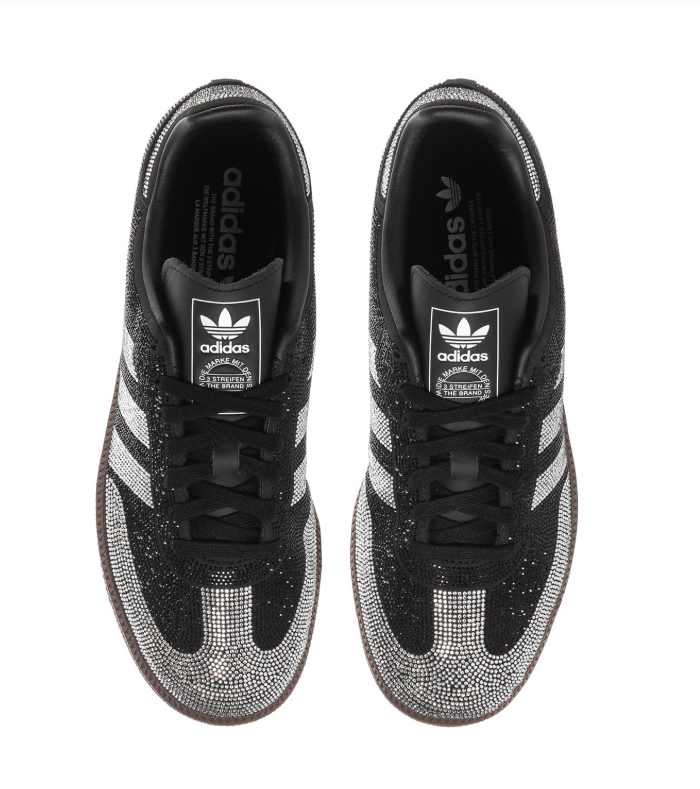 Adidas Samba OG 'Crystal Black' Full-Coverage Rhinestone Embellished Black Upper, Silver Crystal 3-Stripes, Black Round Laces, Trefoil Tongue Label & Gum Rubber Outsole Luxury Fashion Embellished Heritage Lifestyle Sneakers