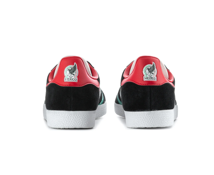 Adidas Gazelle 'Italy Tricolore' Core Black Suede Upper, Tri-Color Red-White-Green 3-Stripes, Red Leather Heel Collar, White Laces, Gold GAZELLE Lettering, Green Trefoil Tongue & White EVA Midsole Heritage Football Nation Lifestyle Sneakers