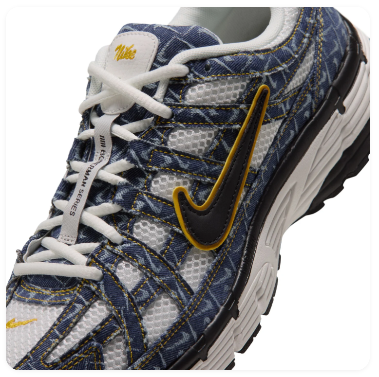 Nike P-6000 'Navy & University Gold' All-Over Swoosh Monogram Print, Gold Outlined Swoosh & White Midsole Retro Y2K Running Sneakers