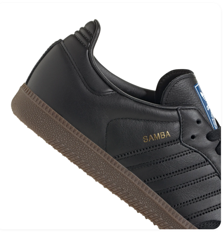 Adidas Samba OG 'Triple Black' All-Black Leather, Black Suede Toe Cap, Tonal Black 3-Stripes, Black Heel Tab, Blue OG Tongue Label & Gum Outsole Stealth Minimal Retro Football Lifestyle Sneakers