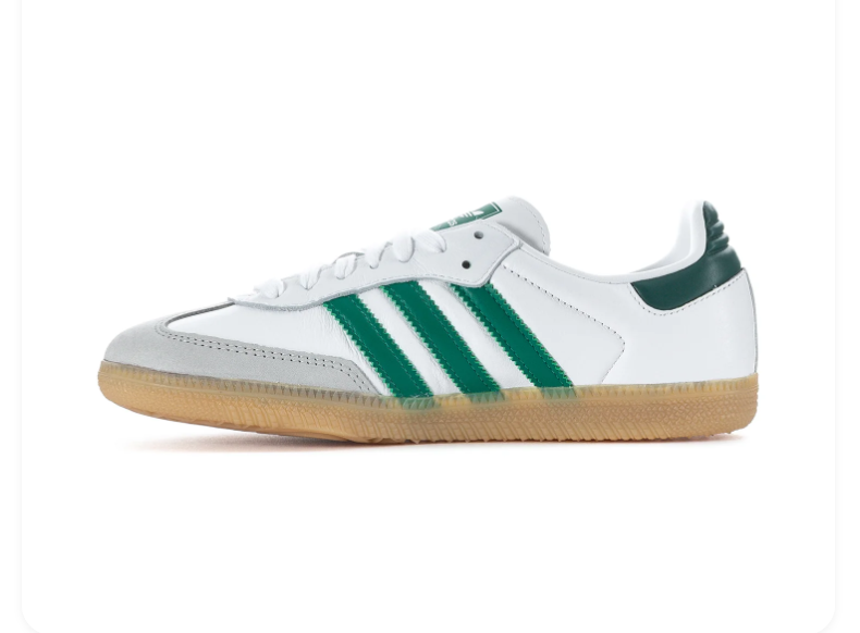 Adidas Samba OG 'Cloud White & Collegiate Green' White Leather Upper, Green 3-Stripes, Grey Suede T-Toe Overlay, Green Heel Patch, Gold SAMBA Lettering & Gum Rubber Outsole Iconic Indoor Football Heritage Lifestyle Sneakers