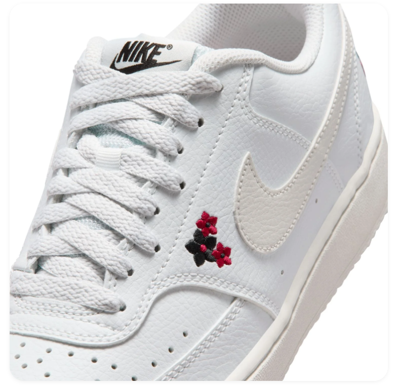 Nike Court Vision Low 'White & Floral' All-White Leather, Red & Black Flower Embroidery, White Swoosh & Clean Outsole Romantic Women's Court Sneakers