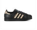 Adidas Superstar 'Core Black & Sand Strata' Black Leather Upper, Sand Strata 3-Stripes & Heel Tab, Black Shell Toe, Black Round Laces & Black Rubber Outsole Tonal Urban Heritage Lifestyle Sneakers
